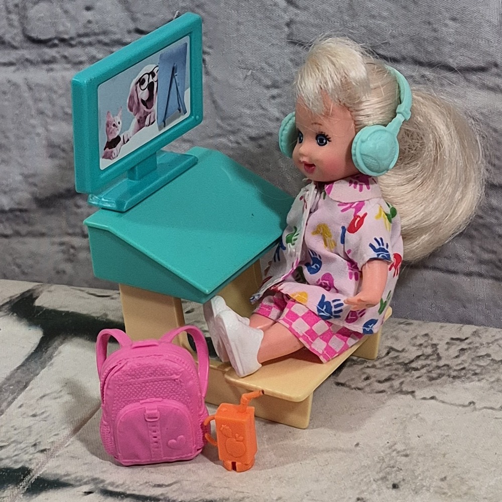 Vintage Barbie Kell Doll School Student Lot Desk Screen Headphones Backpack